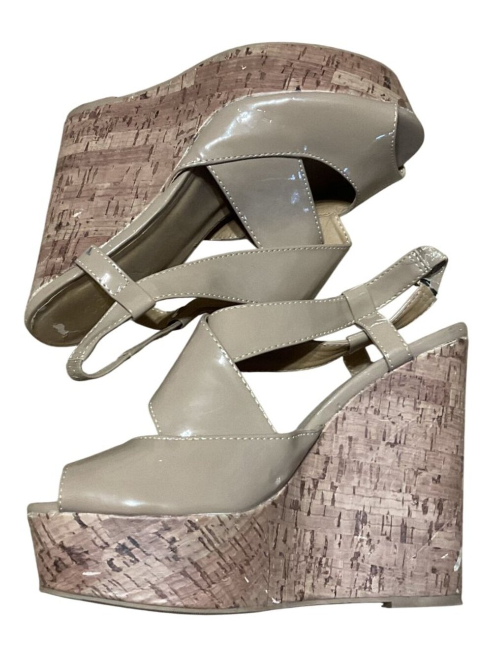Vtg Sbicca Erica Wedge Sandals Sz 9 Cork Platform Strappy Beige Patent Womens
